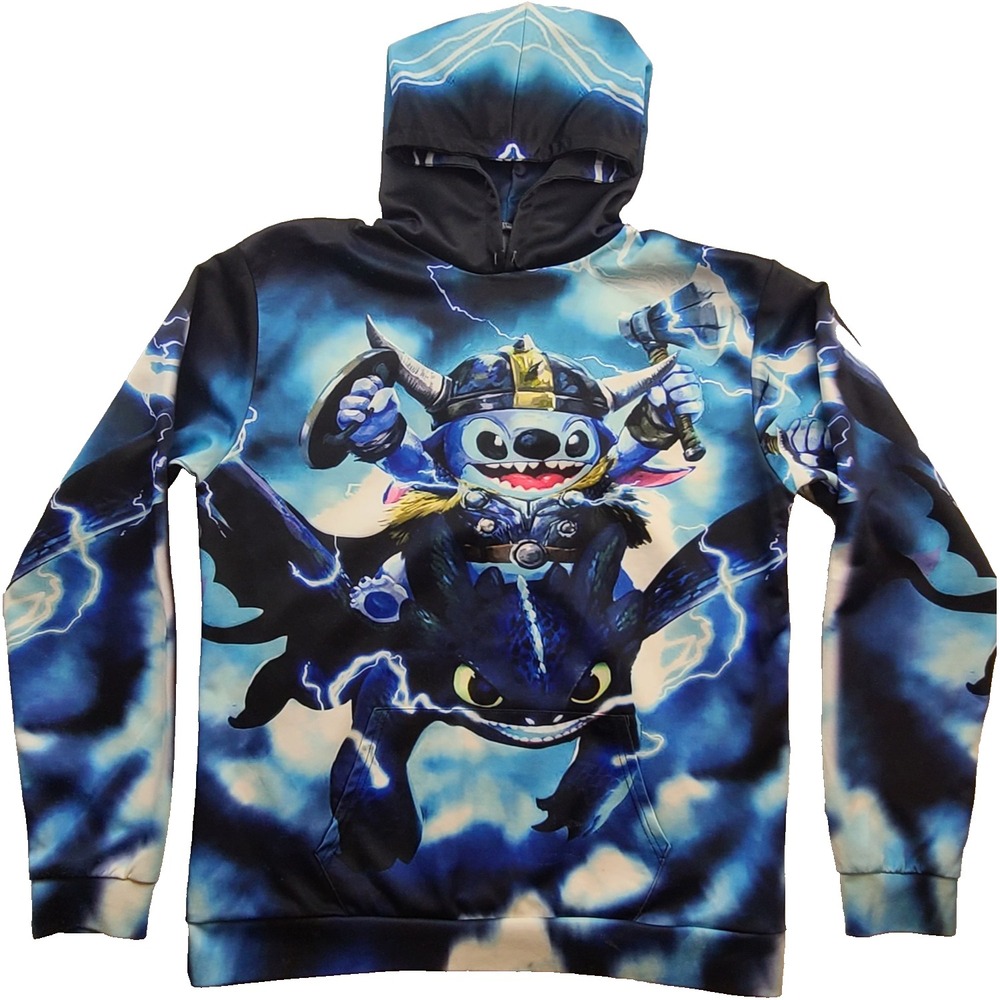 Stitch Toothless Hoodie Mens 2XL Blue Lightning All Over Print Pullover Graphic